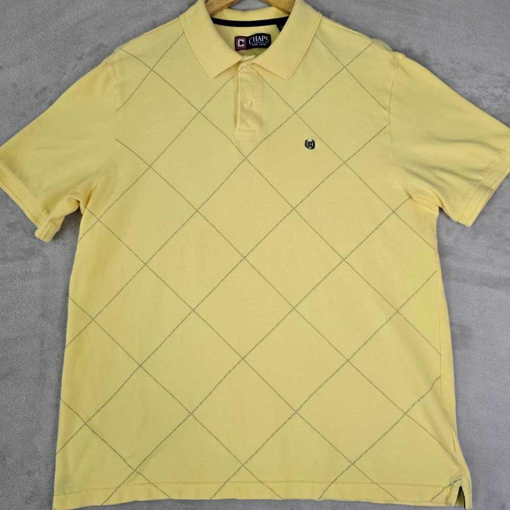 Chaps Men's Large Yellow Argyle Print Pique‎ Cotton Polo Shirt